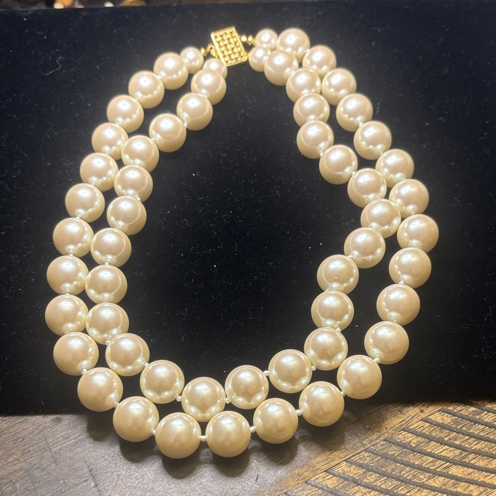 Classic Double Strand Cream Pearl Necklace with Gold Clasp